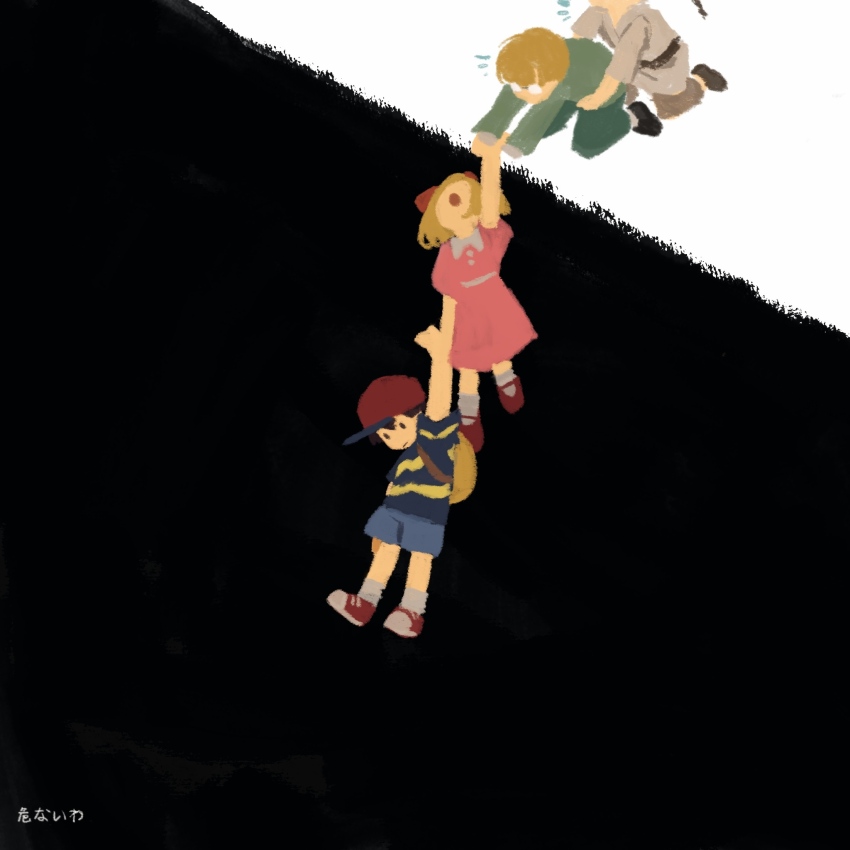 1girl 3boys baseball_cap brown_hair closed_mouth commentary_request dress flying_sweatdrops glass hanging hat highres jeff_andonuts mother_(series) mother_2 multiple_boys ness_(mother_2) nintendo open_mouth paula_(mother_2) pink_dress poo_(mother_2) pulling_arm rescue ricmoo3 shirt shoes short_hair short_sleeves shorts sneakers striped_clothes striped_shirt translation_request two-tone_background yellow_bag