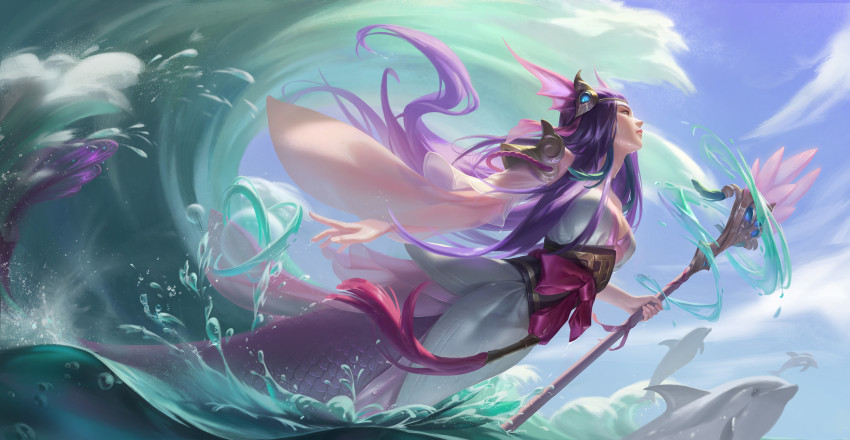1girl animal arm_at_side armor breasts cleavage commentary day detached_sleeves dolphin dorothyshan english_commentary fins flower from_side hair_ornament head_fins headgear highres holding holding_staff hydrokinesis league_of_legends long_hair looking_away mermaid monster_girl nami_(league_of_legends) ocean orb outdoors pauldrons planetary_ring profile purple_eyes robe sash shoulder_armor sky solo splendid_staff_nami staff tassel vastaya very_long_hair water waves wet