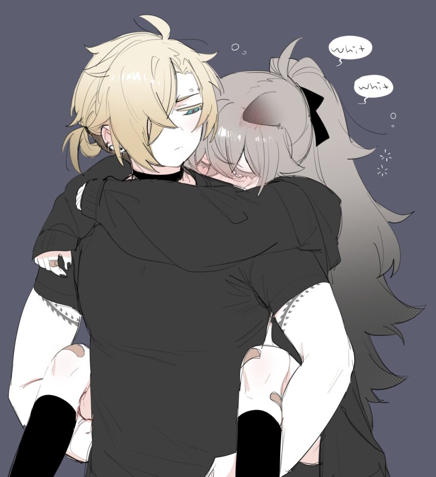 1boy 1girl arm_tattoo black_choker black_shirt black_socks black_sweater blonde_hair blue_eyes carrying choker closed_eyes degrees_of_lewdity eyebrow_piercing grey_background grey_hair hair_over_one_eye highres kai_(drakkai10) long_hair original piercing piggyback shirt short_hair short_sleeves shoya_(kai_(drakkai10)) simple_background socks speech_bubble sweater tattoo whitney_(degrees_of_lewdity) whitney_(male)_(degrees_of_lewdity)