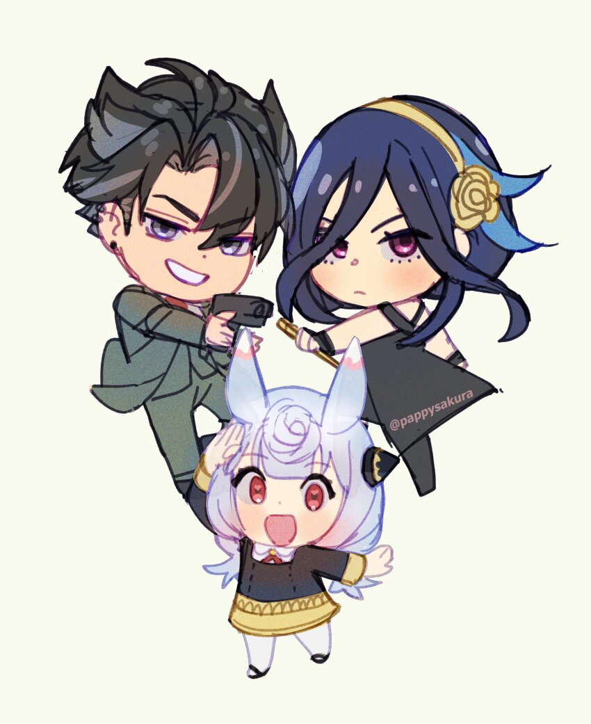 1boy 2girls absurdres animal_ears anya_(spy_x_family) anya_(spy_x_family)_(cosplay) black_dress black_hair blue_hair chibi clorinde_(genshin_impact) cosplay dress formal_clothes genshin_impact gun hair_between_eyes hairband handgun highres holding holding_gun holding_weapon long_hair long_sleeves low_twintails multicolored_hair multiple_girls necktie pantyhose purple_eyes red_eyes saku_(ladyfubuki) scar short_hair sigewinne_(genshin_impact) smile spy_x_family streaked_hair suit thighs twilight_(spy_x_family) twilight_(spy_x_family)_(cosplay) twintails weapon wriothesley_(genshin_impact) yor_briar yor_briar_(cosplay)