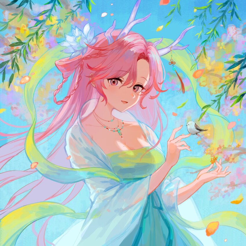 1girl bird blue_dress breasts collarbone commentary dress english_commentary flower hair_between_eyes hair_flower hair_ornament highres horns indie_virtual_youtuber jewelry long_hair looking_at_viewer mixed-language_commentary mole mole_under_eye necklace nini_yuuna open_mouth petals pink_eyes pink_hair second-party_source small_breasts smile solo spacelongcat very_long_hair vietnamese_commentary virtual_youtuber white_flower
