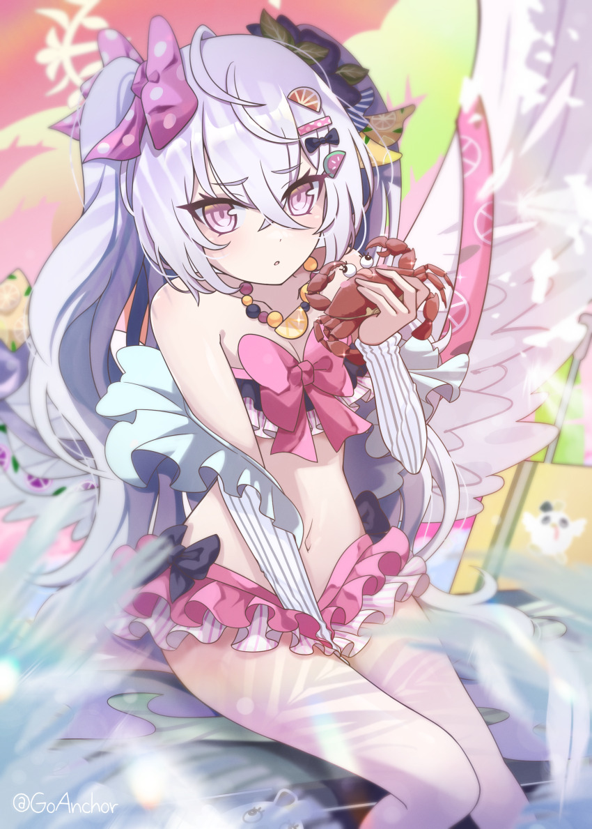 1girl absurdres animal azusa_(blue_archive) azusa_(swimsuit)_(blue_archive) bare_shoulders bead_necklace beads between_legs bikini blue_archive blush bow crab detached_sleeves feathered_wings flower frilled_bikini frills goanchor hair_between_eyes hair_bow hair_flower hair_ornament hand_between_legs highres holding holding_animal jewelry long_hair looking_at_viewer navel necklace official_alternate_costume official_alternate_hairstyle open_mouth pink_bikini pink_bow pink_eyes purple_bow purple_flower purple_hair sidelocks solo stomach swimsuit twintails vertical-striped_sleeves wings
