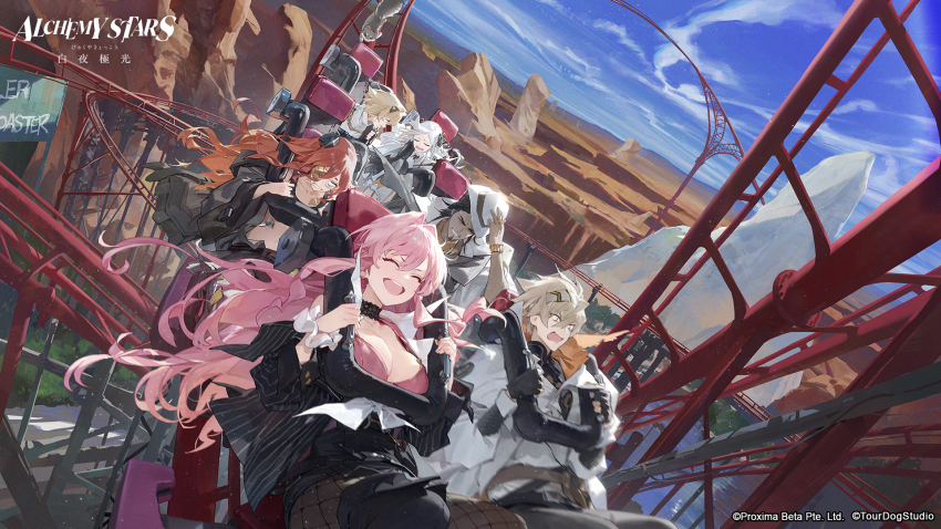 alchemy_stars animal band_(music) bopper_(alchemy_stars) breasts canyon carleen_(alchemy_stars) cena_(alchemy_stars) choker cleavage desert hair_ornament hat headband highres jacket large_breasts long_hair lorelei_(alchemy_stars) navigator_(alchemy_stars) official_art pink_hair roller_coaster screaming short_hair vice_(alchemy_stars) white_hair