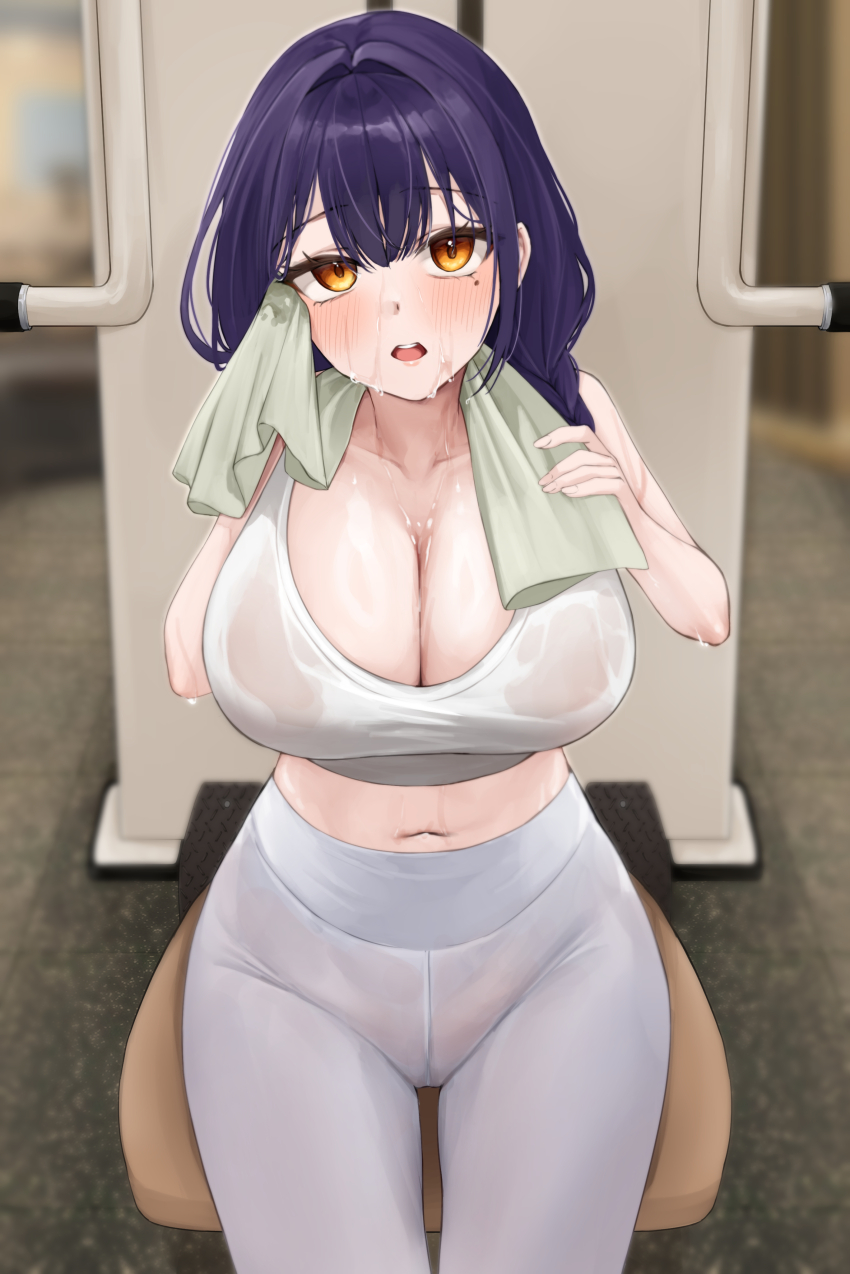 1girl absurdres benedia blush braid braided_ponytail breasts cleavage collarbone commentary crop_top exercise_machine gym hair_between_eyes hair_intakes hands_up highres holding holding_towel indoors large_breasts long_hair looking_at_viewer mole mole_under_eye navel open_mouth original pants purple_hair shirt sitting solo sports_bra sweat sweaty_clothes symbol-only_commentary towel towel_around_neck very_long_hair very_sweaty white_pants white_shirt wiping_face wiping_sweat yoga_pants