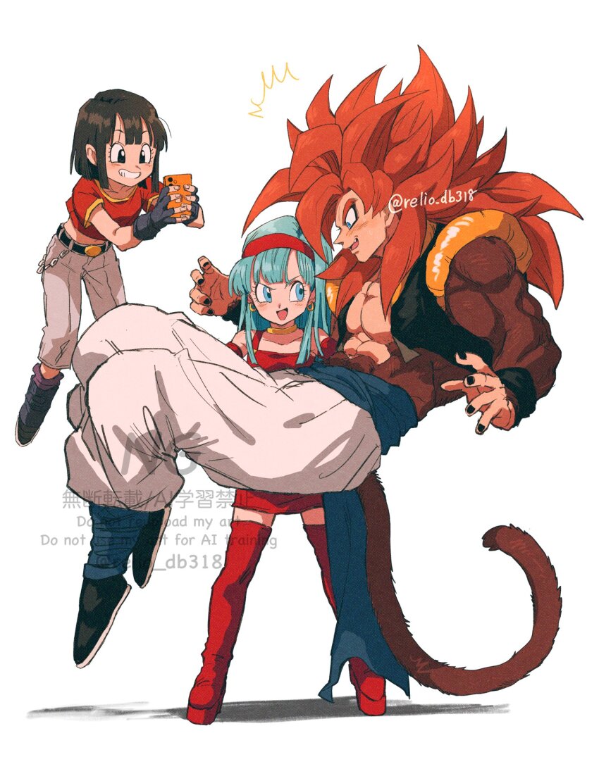1boy biceps blue_eyes blue_sash body_fur bra_(dragon_ball) camera carrying cellphone dragon_ball dragon_ball_gt father_and_daughter gogeta grandfather_and_granddaughter highres holding holding_camera holding_phone looking_at_phone metamoran_vest monkey_boy monkey_tail multiple_girls muscular muscular_male no_nipples pan_(dragon_ball) pants pectorals phone princess_carry red_hair relio_db318 sash simple_background smartphone smile spiked_hair super_saiyan super_saiyan_4 tail taking_picture veins veiny_hands watermark white_pants