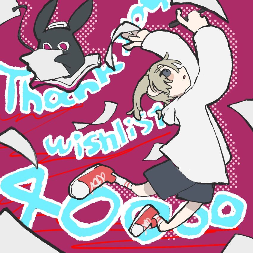 1girl akutagawa_yomuko alien animal_ears artist_request artistic_error black_tail blonde_hair blush_stickers book commentary commentary_request cross-laced_shoes double-parted_bangs drop_shadow english_text eyes_over_blush gogh:_focus_with_your_avatar grey_eyes grey_shorts highres holding holding_paper holding_pen hood hood_down hooded_jacket jacket kuroda_42 long_hair long_sleeves long_tail looking_at_object looking_up milestone_celebration nose official_art open_book open_mouth paper papers pen profile rabbit_ears reading red_background red_eyes red_shoes second-party_source shoes shorts sideways_mouth simple_background sneakers socks tail thank_you towel towel_on_head twintails white_hood white_jacket white_sleeves white_socks