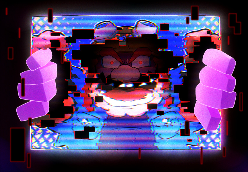1boy blue_shirt cleft_chin denim denim_jacket facial_hair glitch goggles goggles_on_headwear helmet highres hoshi_(star-name2000) jacket looking_at_viewer motorcycle_helmet mustache nintendo open_mouth red_eyes shirt square wario wario_bug warioware warioware:_get_it_together!