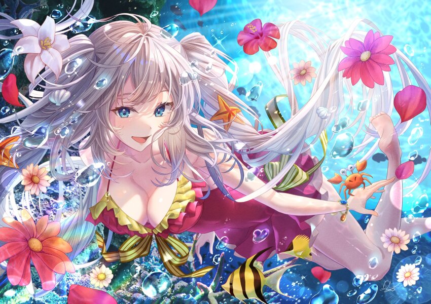 1girl angelfish blue_eyes blue_gemstone bow bracelet breasts bubble butterflyfish collarbone crab fate/grand_order fate_(series) fish flower frilled_one-piece_swimsuit frills gem grey_hair hair_flower hair_ornament highres jewelry long_hair marie_antoinette_(fate) marie_antoinette_(swimsuit_caster)_(first_ascension)_(fate) medium_breasts one-piece_swimsuit open_mouth orange_gemstone petals red_flower red_one-piece_swimsuit shell_hair_ornament signature starfish_hair_ornament striped_bow swimsuit totomiya twintails underwater white_flower yellow_bow