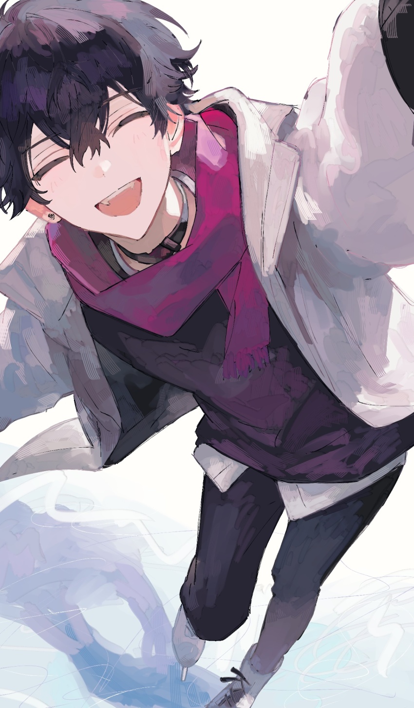 1boy arms_up black_choker black_hair black_pants black_shirt choker closed_eyes commentary_request crossed_bangs earrings gohanoisi_na hair_between_eyes highres ice ice_skates ice_skating jacket jewelry long_sleeves male_focus nijisanji open_clothes open_jacket open_mouth outstretched_arms pants piercing purple_scarf saiki_ittetsu scarf shadow shirt skates skating solo standing stud_earrings teeth upper_teeth_only virtual_youtuber white_jacket