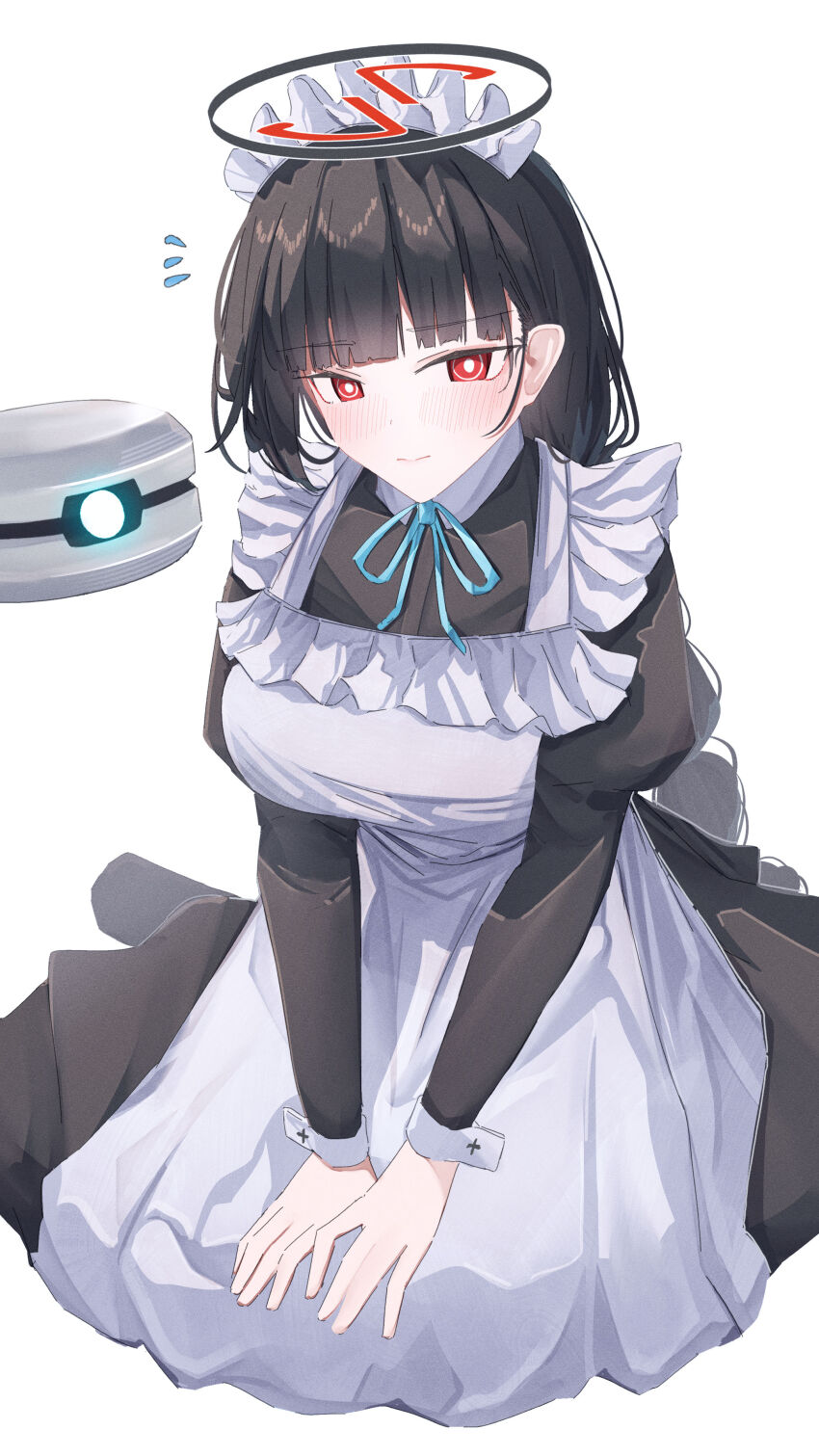 1girl absurdres alternate_costume apron black_dress black_hair blue_archive blue_ribbon blunt_bangs blush closed_mouth dress drone hairband highres kneeling leonardo_566 long_hair looking_at_viewer maid maid_apron maid_headdress ribbon rio_(blue_archive) solo white_apron white_hairband