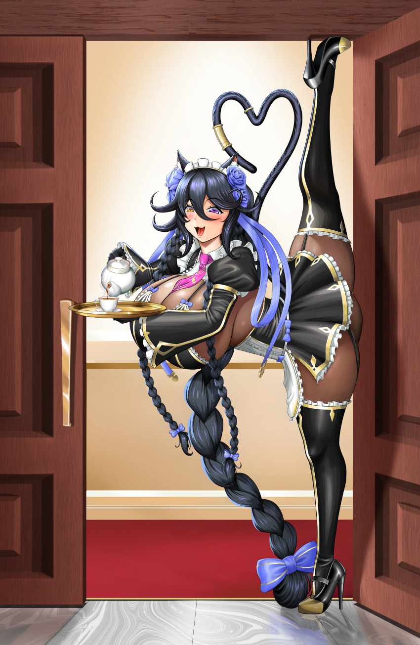 1girl absurdly_long_hair absurdres animal_ears ass black_hair blush bodystocking boots braid breasts cat_ears cat_girl cat_tail cup embroidered_bra fangs flexible full_body hair_between_eyes heterochromia highres holding holding_teapot holding_tray huge_breasts jingle_bell_earrings jinsuzhou last_origin leg_lift leg_up long_hair looking_at_viewer maid maid_headdress multiple_braids open_mouth poi_(last_origin) pouring purple_eyes shoes smile solo split standing standing_on_one_leg standing_split tail tea tea_set teacup teapot thighhighs tray tri_braids very_long_hair yellow_eyes