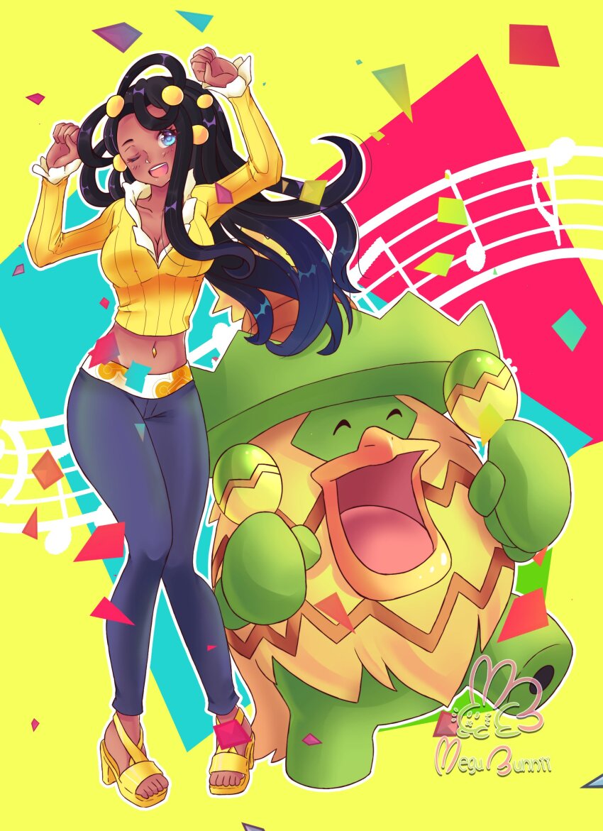 1girl absurdres artist_name black_hair blue_eyes breasts cleavage closed_eyes collarbone crop_top dahlia_(pokemon) dark-skinned_female dark_skin denim frilled_shirt_collar frills gen_3_pokemon hair_ornament highres jeans kappa long_hair long_sleeves ludicolo medium_breasts megubunn midriff musical_note navel_piercing nintendo one_eye_closed pants piercing pokemon pokemon_(creature) pokemon_dppt pokemon_platinum ribbed_shirt shirt yellow_shirt