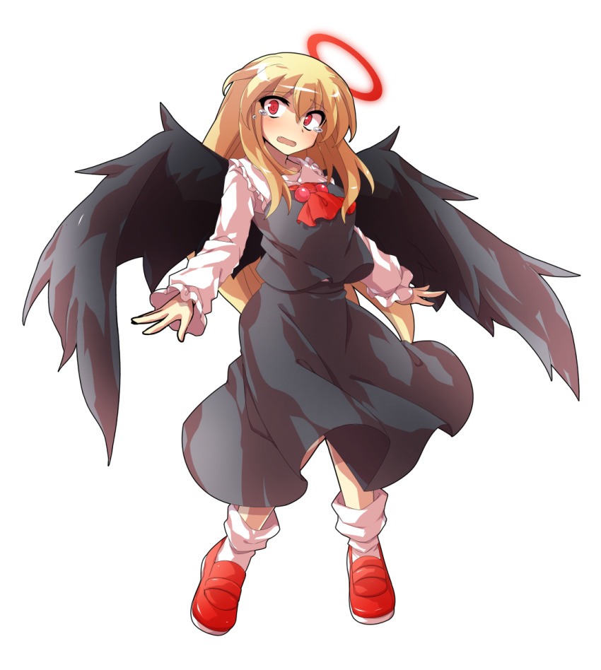 1girl aged_up alternate_breast_size alternate_hair_length alternate_hairstyle ascot black_dress black_skirt black_wings blonde_hair blush breasts commentary_request commission dairi dress ex-rumia fang full_body furrowed_brow halo highres large_variant_set long_hair long_sleeves open_mouth red_ascot red_eyes red_halo red_shoes rumia shirt shoes skeb_commission skirt socks solo tears touhou transparent_background variant_set vest white_socks wings