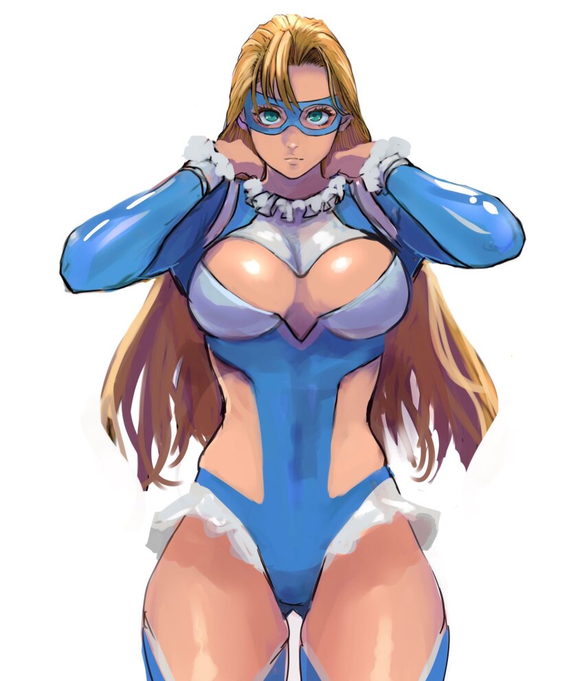 1girl 6maker alternate_hairstyle blonde_hair blue_eyes blue_leotard breasts clothing_cutout domino_mask hair_down highres large_breasts leotard long_hair mask muscular muscular_female rainbow_mika simple_background solo street_fighter thighs white_background wrestler wrestling_mask wrestling_outfit wrestling_ring
