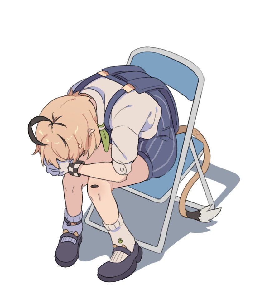 1girl addendium ahoge bent_back blonde_hair blue_overalls chair dooby_(vtuber) folding_chair gloves head_down highres hunched_over indie_virtual_youtuber meme on_chair overalls shinji_in_a_chair_(meme) short_hair simple_background solo tail virtual_youtuber white_background white_gloves