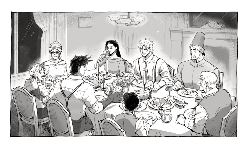 alternate_universe caesar_anthonio_zeppeli candlestand cup dinner drinking_glass eating erina_pendleton family gloves hakmonss highres jojo_no_kimyou_na_bouken joseph_joestar joseph_joestar_(young) karl_robert_eduard_von_hartmann lisa_lisa messina_(jojo) monochrome smokey_brown suspenders suzi_q wine_glass