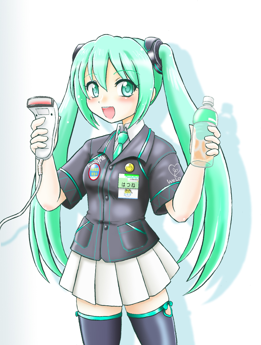 1girl barcode_scanner bottle clerk employee_uniform familymart female_focus green_eyes green_hair hatsune_miku highres holding holding_barcode_scanner hoshikawa_tsukimi long_hair matching_hair/eyes necktie product_placement solo thighhighs twintails vocaloid