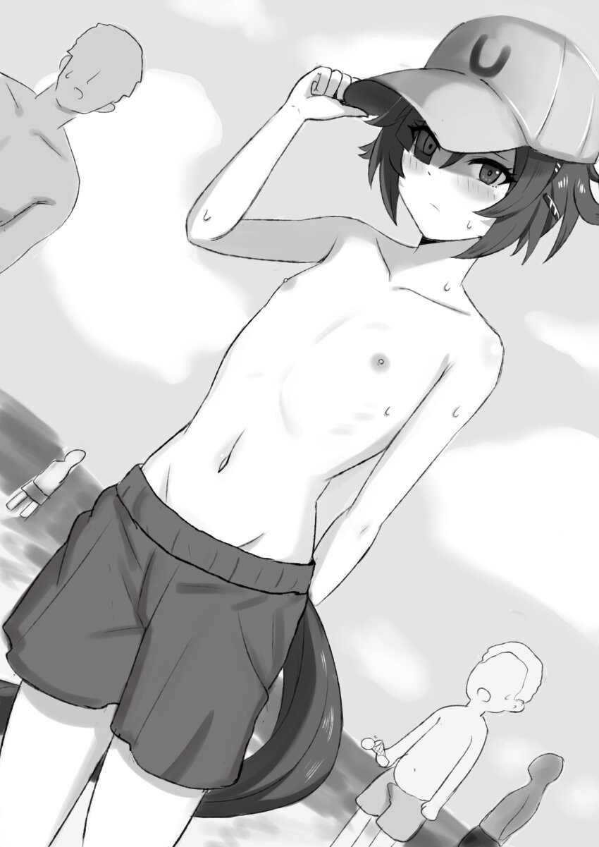 1girl 4boys absurdres adjusting_clothes adjusting_headwear baseball_cap beach believe_(umamusume) blunt_bangs blush bulge closed_mouth commentary_request cowboy_shot day dutch_angle erection erection_under_clothes faceless faceless_male flat_chest greyscale hair_ornament hair_over_one_eye hairclip hat highres horse_girl horse_tail looking_at_viewer male_swimwear_challenge monochrome multiple_boys navel nipples open_mouth outdoors protected_link short_hair solo_focus tail umamusume wuwusan