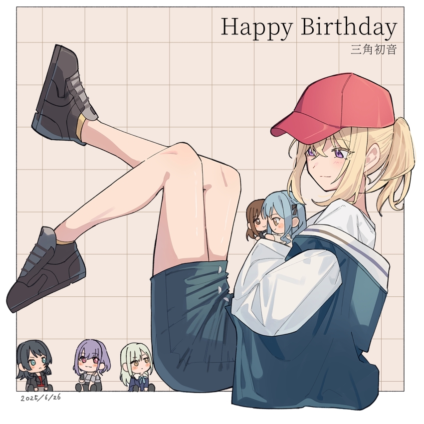 1girl ave_mujica_(bang_dream!) bang_dream! bang_dream!_it&#039;s_mygo!!!!! baseball_cap black_shoes blue_jacket blue_skirt blush character_doll character_name closed_mouth commentary_request doll hair_between_eyes happy_birthday hat highres jacket misumi_uika nanami_(nunnun_0410) ponytail purple_eyes red_hat school_uniform shirt shoes short_ponytail sidelocks skirt socks spoilers sumimi_(bang_dream!) sumita_mana togawa_sakiko translated tsukinomori_school_uniform white_shirt yahata_umiri yellow_socks yuutenji_nyamu