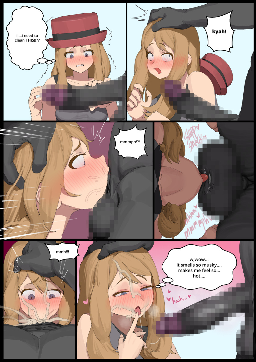 1boy 1girl abs absurdres black_shirt blonde_hair blue_eyes blush breasts censored colored_skin commentary deepthroat english_commentary english_text fellatio gen_1_pokemon grey_skin hat height_difference hetero highres irrumatio large_penis long_hair looking_at_penis machamp medium_breasts mosaic_censoring muscular muscular_male nintendo oral penis penis_awe pokemon pokemon_(creature) pokemon_xy pokephilia porkpie_hat red_hat serena_(pokemon) shirt skirt sleeveless sleeveless_shirt speech_bubble testicles wjs07