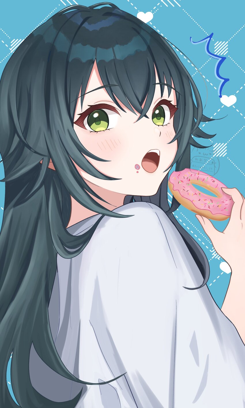 1girl :o ^^^ absurdres amashi_2278 argyle_background blue_background donut dotted_line eating food food_on_face gakuen_idolmaster green_eyes green_hair highres holding holding_food idolmaster long_hair shirt solo tsukimura_temari upper_body white_shirt