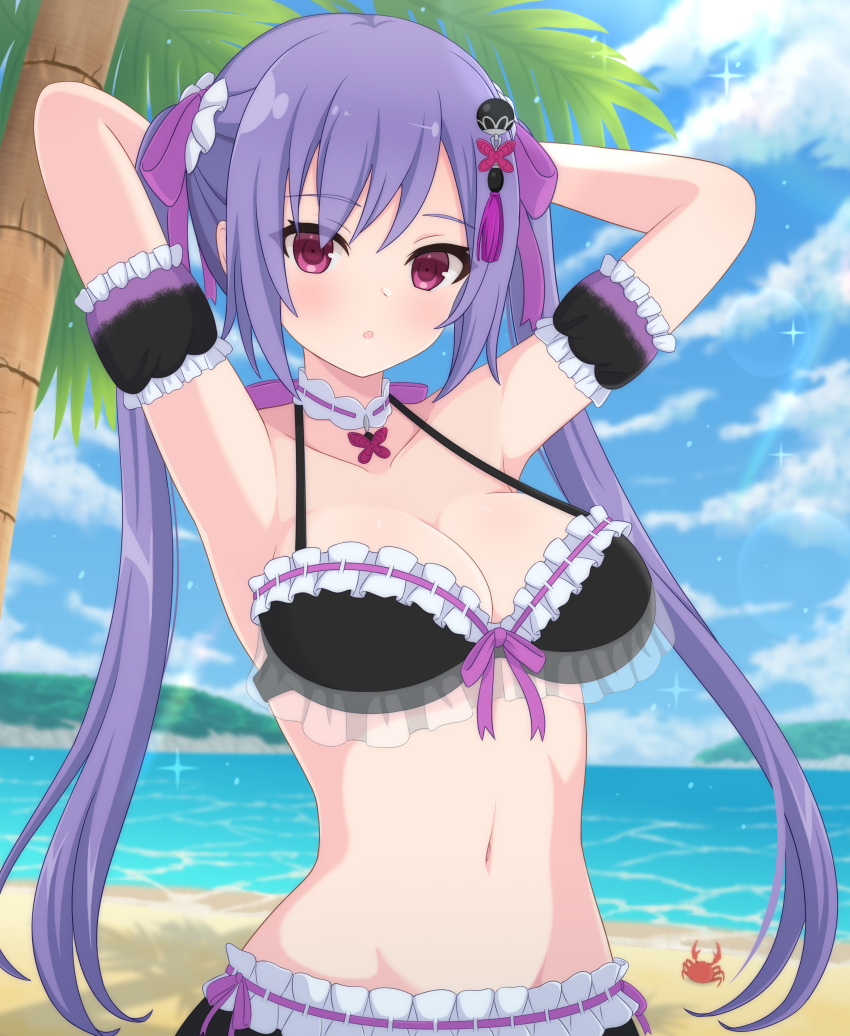 1girl absurdres animal arm_garter arms_behind_head arms_up assault_lily bare_shoulders bikini blue_sky blurry blurry_background blush breasts closed_mouth cloud collarbone commentary crab day frilled_bikini frilled_ribbon frills front-tie_bikini_top front-tie_top hair_ornament hair_ribbon haniwa_(kiminozorazio) highres horizon jewelry large_breasts long_hair looking_at_viewer matsumura_fuuka navel official_alternate_costume outdoors palm_tree parted_lips pendant pink_eyes pink_ribbon purple_hair ribbon ribbon-trimmed_bikini ribbon_trim see-through_clothes sky solo sparkle standing stomach swimsuit tassel tassel_hair_ornament tree twintails upper_body very_long_hair water
