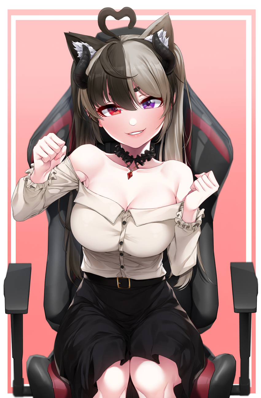 1girl ahoge aicute akchu animal_ear_fluff animal_ears bare_shoulders belt_buckle black_choker black_skirt blouse breasts brown_hair buckle cat_ears chair choker cleavage collarbone commentary english_commentary gaming_chair heart heart_ahoge heterochromia highres horns indie_virtual_youtuber large_breasts long_hair long_sleeves multicolored_hair off-shoulder_shirt off_shoulder parted_lips pink_background purple_eyes red_eyes shirt sitting skirt smile solo swivel_chair two-tone_hair virtual_youtuber white_shirt