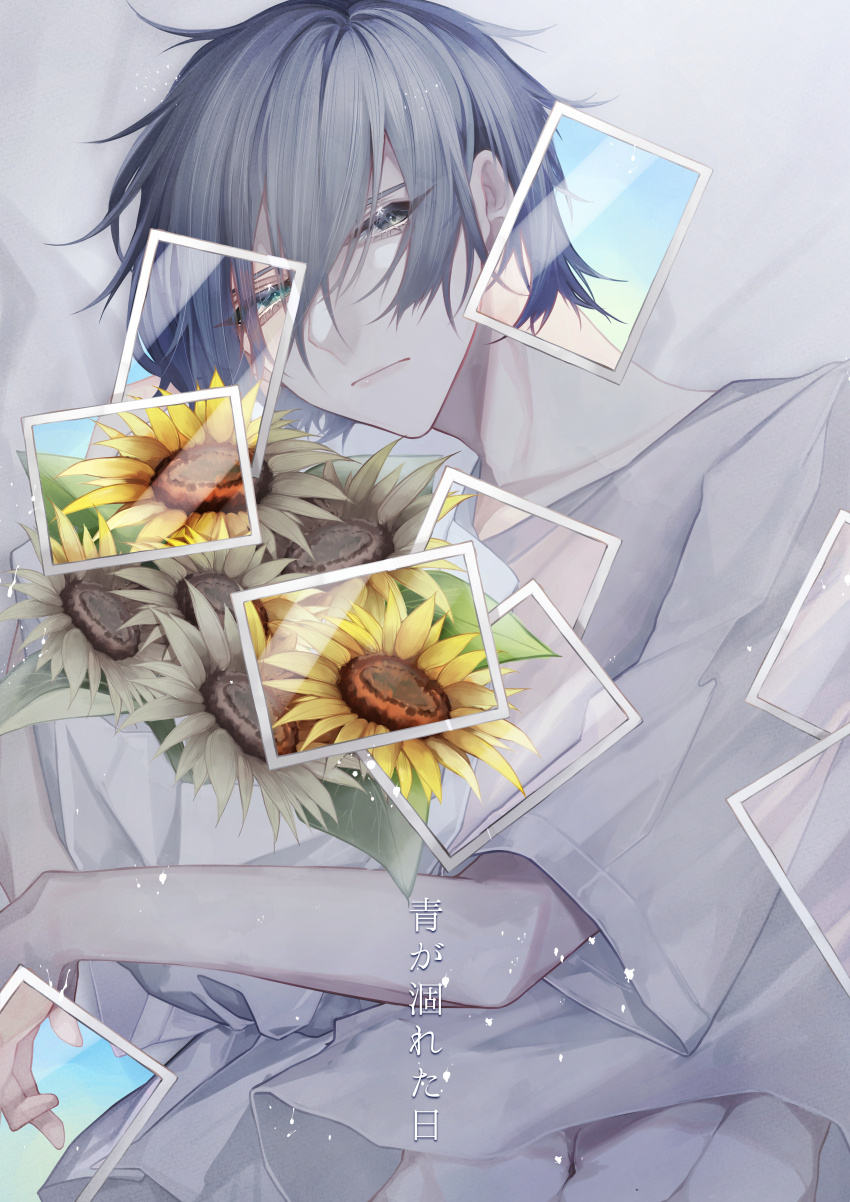 1boy absurdres aqua_eyes closed_mouth collarbone commentary_request cropped_shirt eyeshadow flower grey_hair hair_between_eyes highres light_particles lips makeup male_focus midriff mole mole_on_stomach navel original photo_(object) shirt short_hair solo sunflower upper_body white_shirt wu_(user_sevs2252)