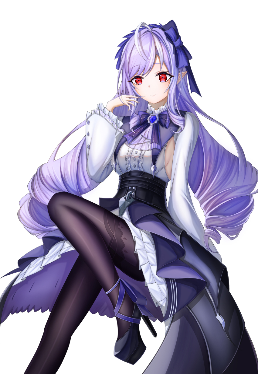 1girl absurdres ascot black_pantyhose bow bowtie center_frills drill_hair frills gem hairband high_heels highres long_hair mole mole_under_eye nanfeng7477 pantyhose patterned_legwear pointy_ears purple_ascot purple_bow purple_bowtie purple_gemstone purple_hair purple_hairband red_eyes shrug_(clothing) sideboob_cutout smile solo twin_drills vivian_banshee white_background white_shrug zenless_zone_zero