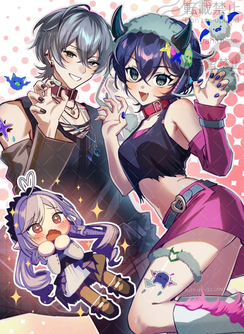 1boy 2girls ahoge belle_(zenless_zone_zero) belt black_nails blue_eyes blue_hair blush boots chibi claw_pose collar commentary_request crossed_bangs detached_sleeves ear_piercing fake_horns green_eyes hair_between_eyes heart heart_ahoge highres horns jewelry long_hair long_sleeves midriff multiple_girls nail_polish narahazime necklace official_alternate_costume open_mouth piercing shirt short_hair simple_background single_detached_sleeve skirt sparkle sparkling_eyes torn_clothes torn_shirt very_long_hair vivian_banshee wise_(zenless_zone_zero) zenless_zone_zero