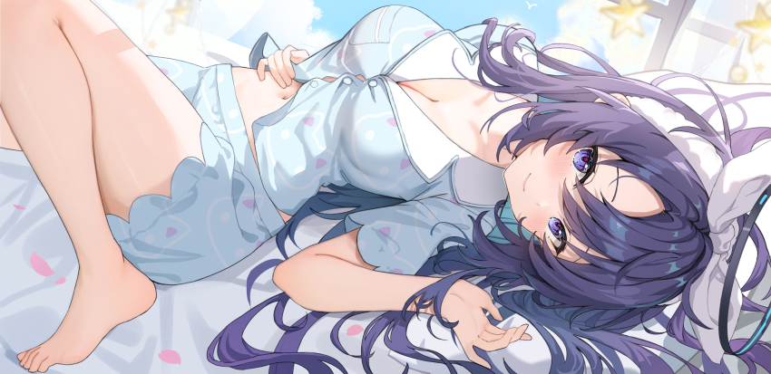 1girl absurdres animal_print barefoot black_halo blue_archive blue_eyes blue_hair blue_pajamas blue_shirt blue_shorts blush bow_hairband breasts cat_print cleavage closed_mouth commentary_request hairband halo highres long_hair looking_at_viewer lying mechanical_halo medium_breasts navel on_side pajamas print_pajamas print_shirt pu_ht shirt short_shorts short_sleeves shorts smile solo toes white_hairband yuuka_(blue_archive) yuuka_(pajamas)_(blue_archive)