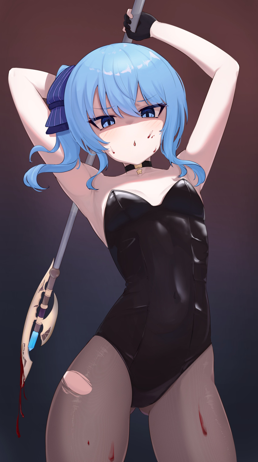 1girl alternate_costume armpits arms_up axe bare_arms bare_shoulders battle_axe black_choker black_gloves black_leotard black_pantyhose blood blood_on_clothes blood_on_face bloody_weapon blue_eyes blue_hair blue_ribbon breasts choker commentary covered_navel double-parted_bangs english_commentary fighting_stance gloves gluteal_fold gradient_background hair_between_eyes hair_ribbon highres holding holding_weapon hololive hoshimachi_suisei leotard medium_hair open_mouth pantyhose partially_fingerless_gloves pendant_choker playboy_bunny ribbon shaded_face side_ponytail sidelocks simple_background small_breasts solo strapless strapless_leotard telomere torn_clothes torn_pantyhose virtual_youtuber weapon