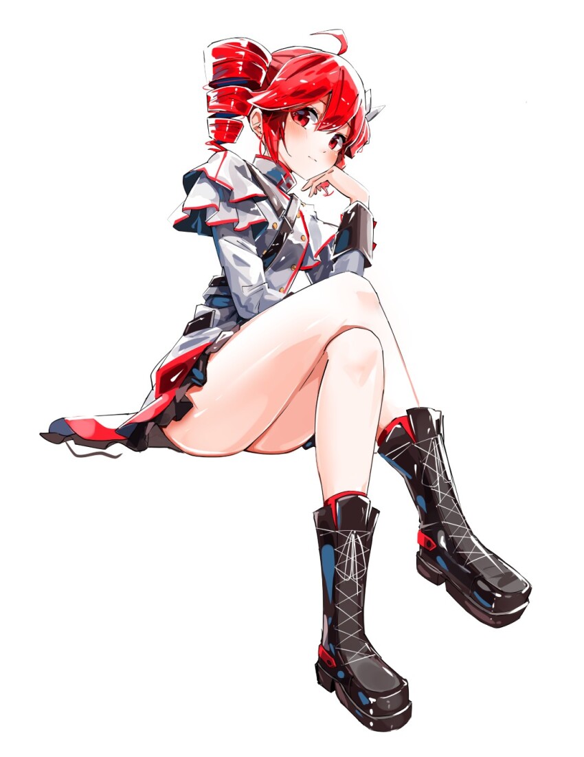 1girl ahoge ankle_boots ankle_socks ass belt black_belt black_boots black_sleeve_cuffs blush boots bow buttons crossed_legs double-breasted double-parted_bangs drill_hair expressionless flat_chest grey_hair grey_skirt hair_bow hand_up head_rest highres kasane_teto kasane_teto_(sv) lace-up_boots layered_skirt layered_sleeves lips long_sleeves looking_at_viewer mp777b red_eyes red_hair red_skirt red_socks red_trim shoelaces shoulder_belt shoulder_boards simple_background sitting skirt socks solo synthesizer_v thighs transparent_background twin_drills utau white_bow