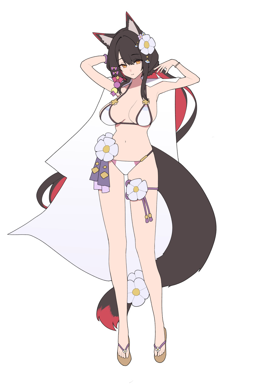 1girl absurdres animal_ear_fluff animal_ears arms_up bikini blue_archive breasts brown_hair cape cleavage closed_mouth colored_inner_hair flower flower_bikini fox_ears fox_girl fox_tail full_body hair_intakes hair_ornament halo highres kurowanjjyang large_breasts long_hair looking_at_viewer multicolored_hair official_alternate_costume red_hair red_halo sandals simple_background solo standing swimsuit tail tail_flower tail_ornament thighs wakamo_(blue_archive) wakamo_(swimsuit)_(blue_archive) white_background white_bikini white_cape white_flower yellow_eyes