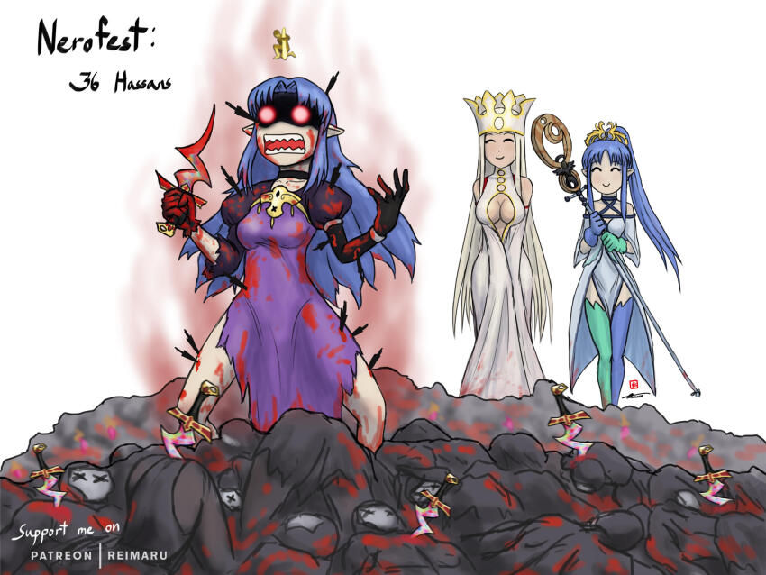 3girls artist_name assassin_(fate/zero) asymmetrical_gloves asymmetrical_legwear bare_shoulders blood blood_on_clothes blood_on_face blood_on_hands bloody_weapon blue_eyes blue_hair breasts corpse cosplay dress dress_of_heaven dual_persona english_text fate/grand_order fate/stay_night fate_(series) gloves green_gloves hair_ornament hecate&#039;s_staff_(fate) highres holding illyasviel_von_einzbern illyasviel_von_einzbern_(dress_of_heaven)_(cosplay) irisviel_von_einzbern irisviel_von_einzbern_(angel&#039;s_song) irisviel_von_einzbern_(caster) jewelry knife long_hair medea_(caster)_(fate) medea_(fate) medea_lily_(fate) mismatched_gloves mismatched_legwear multiple_girls open_mouth pile_of_corpses pointy_ears ponytail purple_dress purple_eyes purple_gloves purple_hair purple_lips red_eyes reikamaru rulebreaker smile staff strapless strapless_dress torn_clothes weapon white_hair