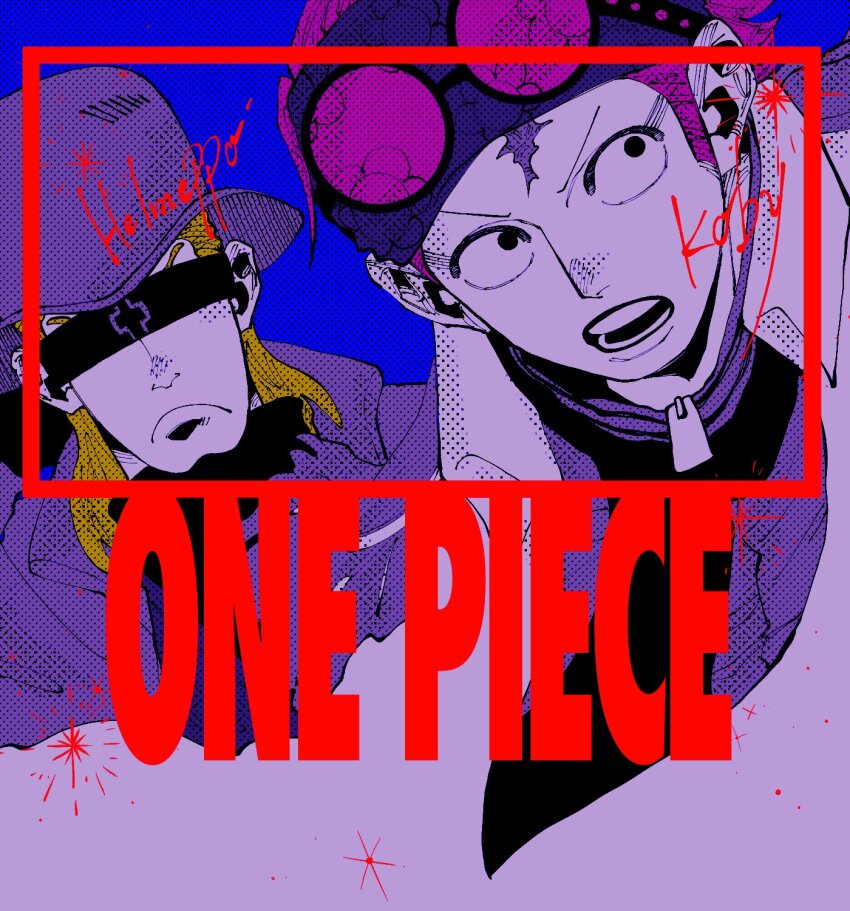 2boys blonde_hair blue_background character_name closed_mouth commentary_request copyright_name hat headband helmeppo highres koby_(one_piece) larugo0513 looking_to_the_side male_focus medium_hair multiple_boys one_piece open_mouth pink_hair scar scar_on_face short_hair sideburns simple_background sunglasses upper_body