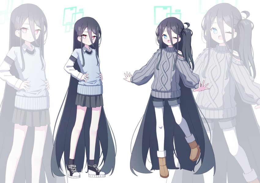 kei_(blue_archive) 2girls 525_woiwo absurdly_long_hair absurdres aris_(blue_archive) black_hair black_shorts black_skirt blue_archive blue_eyes blush boots brown_footwear closed_mouth fur-trimmed_boots fur_trim green_halo grey_sweater halo highres long_hair long_sleeves multiple_girls one_eye_closed one_side_up open_mouth pantyhose pleated_skirt red_eyes shorts simple_background skirt smile sweater very_long_hair white_background white_pantyhose zoom_layer