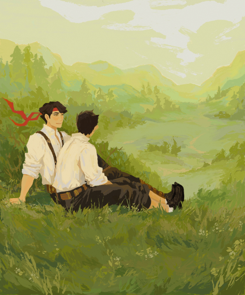 2boys absurdres ace_attorney arm_support belt black_footwear black_hair black_pants brown_belt brown_eyes buttons collared_shirt commentary couple english_commentary grass hand_on_ground headband highres kazuma_asogi male_focus mountain multiple_boys on_grass open_clothes open_shirt outstretched_legs pants red_headband ryunosuke_naruhodo shirt shoes sitting sky sleeves_rolled_up socks spearmintaii suspenders teeth the_great_ace_attorney tree upper_teeth_only valley white_shirt white_socks