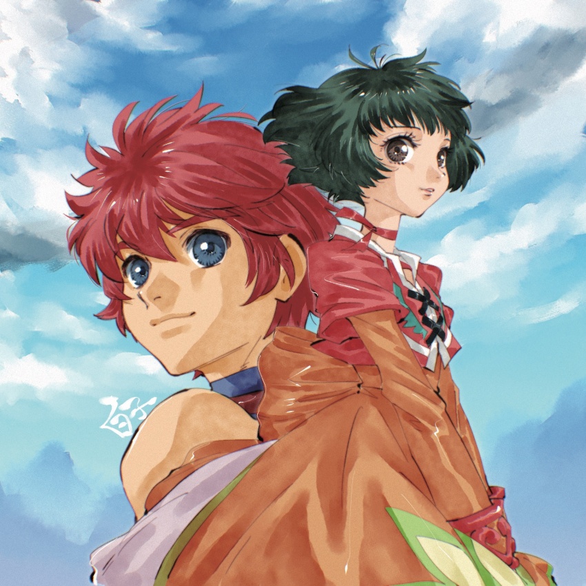 1boy 1girl back_bow bare_shoulders blue_eyes bow brown_eyes choker closed_mouth dress farah_oersted green_hair hair_between_eyes highres jewelry looking_at_viewer orange_bow orange_dress red_choker red_hair reid_hershel ribbon_choker shirako_(kirupi) short_hair sky smile tales_of_(series) tales_of_eternia v_arms