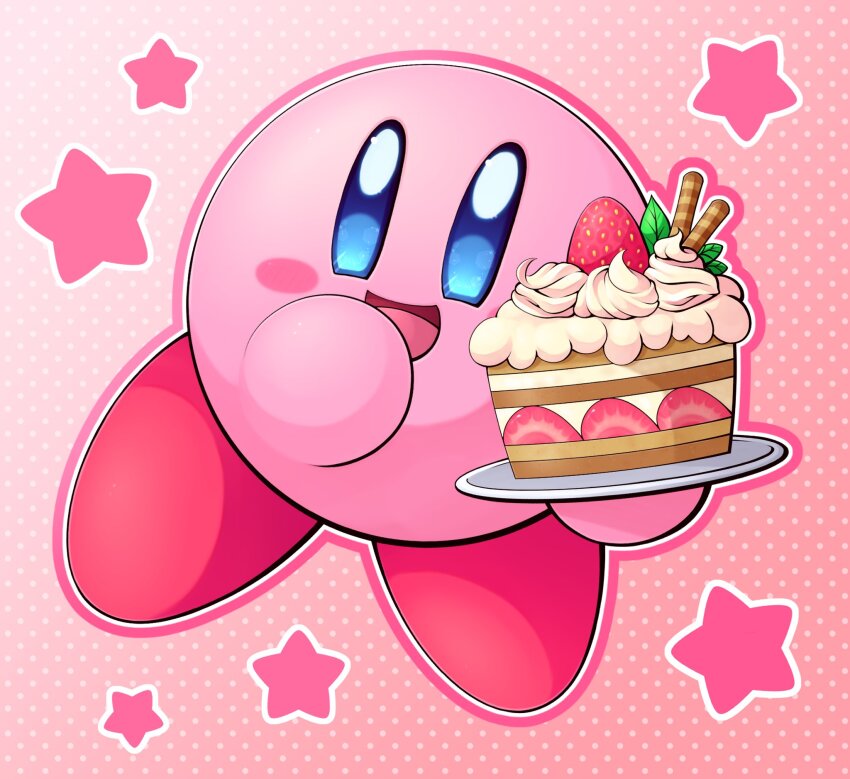 blue_eyes blush_stickers cake cake_slice colored_skin food fruit highres kirby kirby_(series) nintendo no_humans open_mouth outline pink_skin plate polka_dot polka_dot_background slys_(jesterdysphoria) smile solo star_(symbol) strawberry strawberry_shortcake