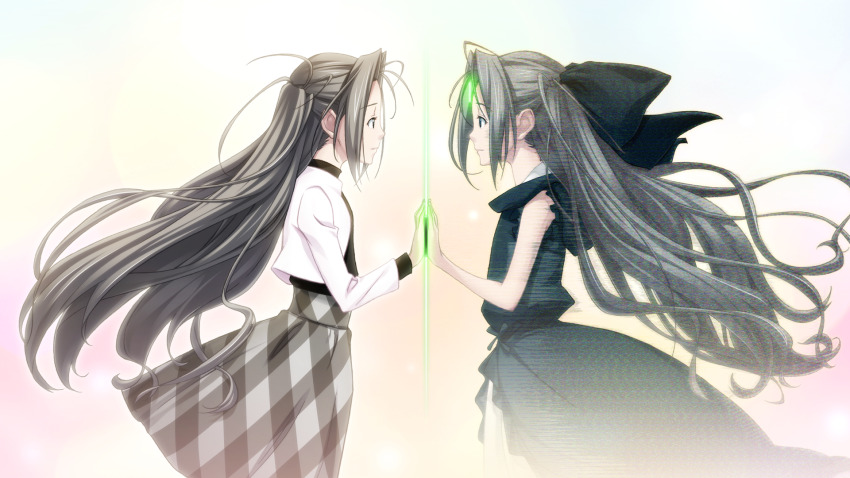 2girls antenna_hair black_dress black_shirt blue_bow blue_eyes bow checkered_clothes checkered_skirt cropped_jacket distortion dress dual_persona ears_visible_through_hair eye_contact floating_clothes floating_hair frilled_dress frilled_skirt frilled_sleeves frills fukuda_tomonori game_cg grey_hair grey_skirt hair_between_eyes hair_bow hand_to_hand high-waist_skirt high_collar highres holding_hands jacket long_hair looking_at_another multiple_girls non-web_source official_art puffy_short_sleeves puffy_sleeves robotics;notes shirt short_sleeves sidelocks skirt sleeveless_vest smile tareme turtleneck turtleneck_shirt twintails white_jacket yukifune_airi