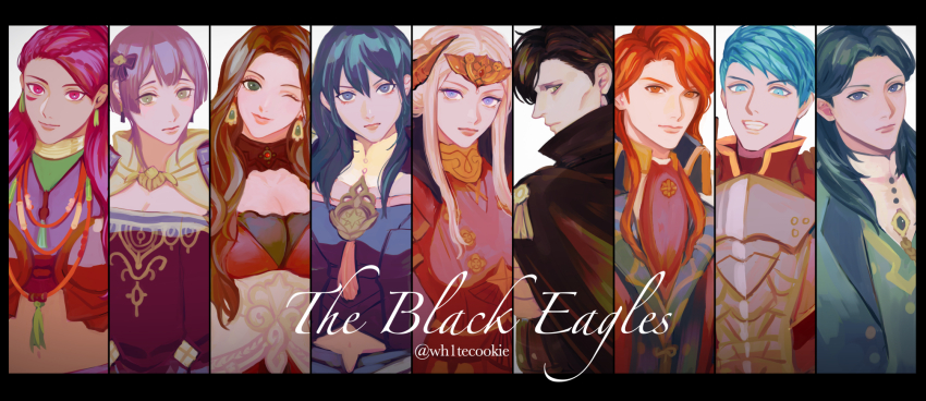 4boys 5girls armor artist_name bernadetta_von_varley bernadetta_von_varley_(timeskip) black_cape black_hair blue_hair braid brown_hair female_byleth_(fire_emblem) cape caspar_von_bergliez caspar_von_bergliez_(timeskip) dorothea_arnault dorothea_arnault_(timeskip) dress earrings edelgard_von_hresvelg edelgard_von_hresvelg_(timeskip) english_text ferdinand_von_aegir ferdinand_von_aegir_(timeskip) fire fire_emblem fire_emblem:_three_houses green_hair highres horn_ornament horns hubert_von_vestra hubert_von_vestra_(timeskip) jewelry linhardt_von_hevring linhardt_von_hevring_(timeskip) looking_at_viewer multiple_boys multiple_girls nintendo one_eye_closed orange_hair petra_macneary petra_macneary_(timeskip) purple_hair red_dress red_hair twitter_username wh1tecookie white_hair