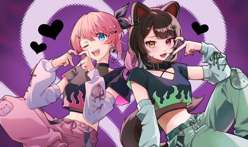 2girls :3 absurdres animal_ear_piercing animal_ears artist_collaboration black_collar black_ribbon black_shirt blue_eyes blush breasts brown_hair collar colored_tips commentary_request crop_top dog_ears dog_girl earrings fang green_arm_warmers green_pants hair_ornament hair_ribbon hairclip half-heart_hands heart heart-shaped_pupils heart_earrings heart_hands heterochromia highres inui_toko jewelry kashikaze kuramochi_meruto looking_at_viewer matsugi_zuntaro medium_breasts midriff multicolored_hair multiple_girls multiple_rings nail_polish nijisanji one_eye_closed open_mouth orange_eyes pants pink_hair pink_nails pink_pants purple_hair red_eyes red_nails rene_(kuramochi_meruto) ribbon ring shirt short_sleeves side_ponytail symbol-shaped_pupils teeth upper_teeth_only virtual_youtuber white_arm_warmers