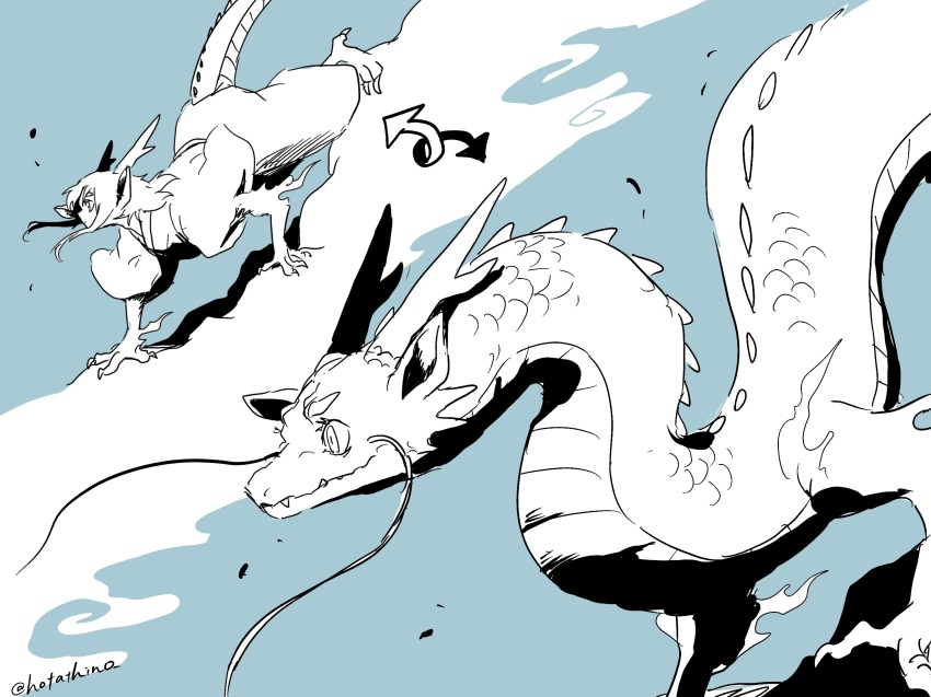 1boy all_fours animal_ears animal_feet animal_hands blue_background blue_theme claws commentary_request dragon dragon_boy dragon_ears dragon_horns dragon_tail dual_persona eastern_dragon eastern_dragon_horns eastern_dragon_tail greyscale_with_colored_background highres horns hotathino japanese_clothes kimono long_hair male_focus monster_boy original simple_background solo tail wind