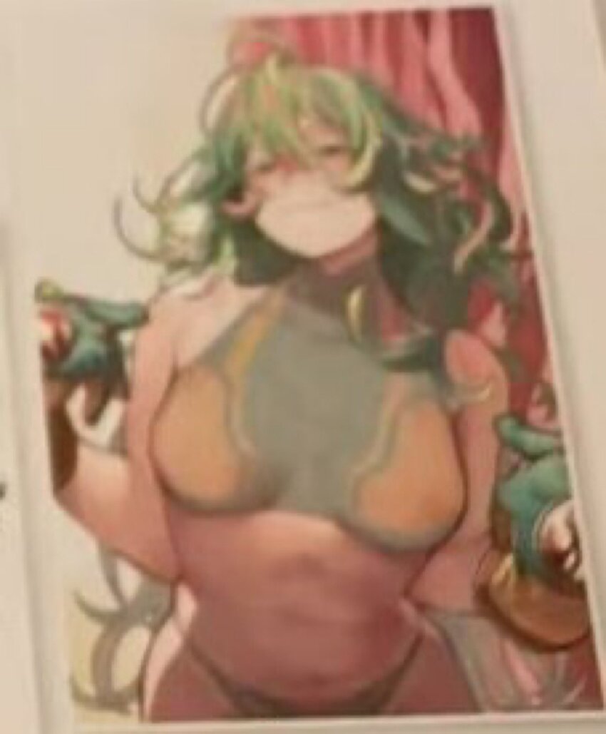 bare_shoulders boku_no_hero_academia bra breasts gloves green_hair hagakure_toru highres horikoshi_kouhei naughty_face panties pointing pointing_at_self polaroid_photo stomach underwear