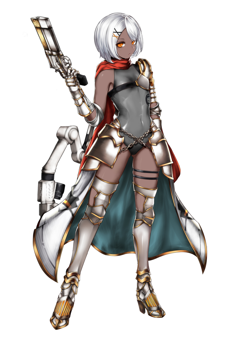 1girl absurdres armored_boots armored_gloves asymmetrical_bangs black_bodysuit bodysuit boots breasts chain coat covered_navel dark-skinned_female dark_skin full_body grey_hair gun hair_ornament handgun highres hip_armor holding holding_gun holding_weapon medium_hair official_alternate_costume orange_eyes punishing:_gray_raven qinxinni_(carloria) red_coat rigging sleeveless sleeveless_bodysuit small_breasts solo sophia_(pgr) weapon white_background x_hair_ornament