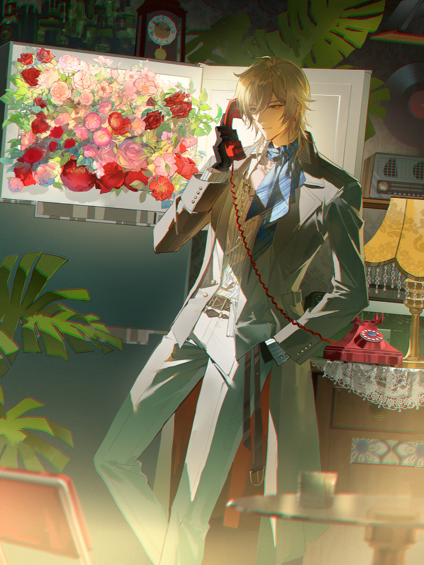 1boy absurdres alkaid_mcgrath antique_phone belt belt_buckle blonde_hair blue_scarf brown_belt buckle chain chain_necklace chair clock coat collarbone corded_phone cuff_links cup doily feet_out_of_frame flower grandfather_clock green_eyes grey_coat guaisanmu hair_between_eyes hand_in_pocket highres holding holding_phone indoors jewelry lamp lapels long_sleeves lovebrush_chronicles male_focus medium_hair monstera_deliciosa necklace notched_lapels pants parted_lips peony_(flower) phone pink_flower pink_rose pinstripe_pattern pinstripe_shirt plant radio record red_flower red_rose rose rotary_phone scarf shelf shirt smile solo standing table talking_on_phone wall_clock white_pants white_shirt wing_collar