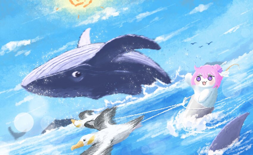 bird creature day doro_(nikke) girilocoboy goddess_of_victory:_nikke hair_ribbon highres ocean outdoors pink_hair purple_eyes ribbon seagull shark sun water whale