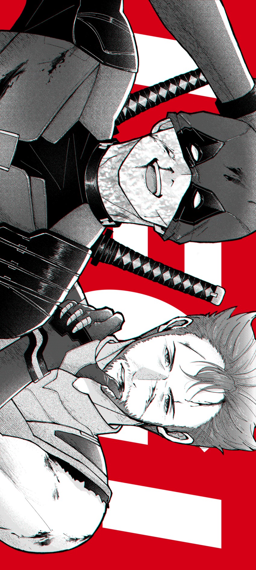 2boys absurdres beard blood blood_on_clothes blood_on_face bodysuit commentary_request cuts deadpool deadpool_&amp;_wolverine deadpool_(series) doghooouse facial_hair finger_in_own_mouth gloves highres injury katana looking_at_viewer male_focus marvel marvel_cinematic_universe mask mask_lift monochrome multiple_boys muscular muscular_male nosebleed open_mouth red_background scar scars_all_over short_hair sideways sleeveless smile superhero_costume sword sword_on_back teeth too_many weapon weapon_on_back wolverine_(x-men) x-men