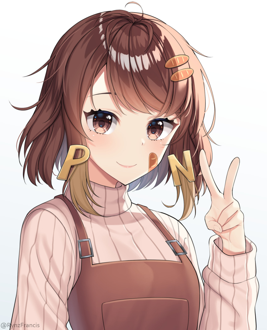 1girl ahoge artist_name beige_sweater blush bread_hair_ornament breasts brown_eyes brown_hair brown_overalls character_request closed_mouth commentary english_commentary food-themed_hair_ornament hair_ornament highres letter_hair_ornament lips long_hair medium_breasts original overalls ribbed_sweater rynzfrancis short_hair simple_background smile solo sweater swept_bangs turtleneck turtleneck_sweater upper_body v virtual_youtuber white_background